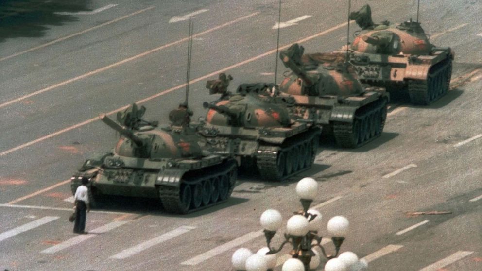 PHOTO: A Chinese man stands alone to block a line of tanks heading east on Beijing's Cangan Blvd. in Tiananmen Square on June 5, 1989.