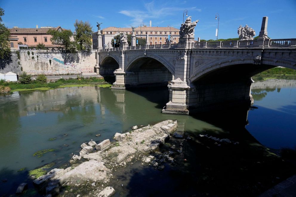 PHOTO: The ruins of the ancient Roman Neronian bridge emerge from the river bed of the Tiber river, in Rome, Aug. 22, 2022.