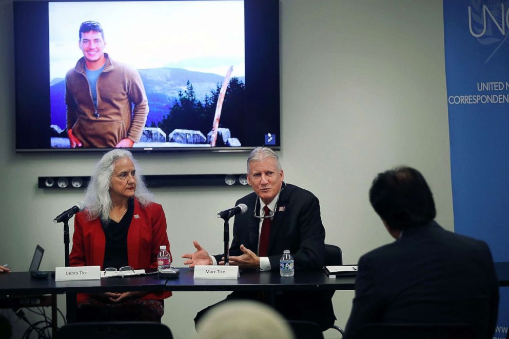 PHOTO: Marc and Debra Tice hold a news conference about their missing son American journalist Austin Tice, Sept. 17, 2018 at the United Nations in New York. 