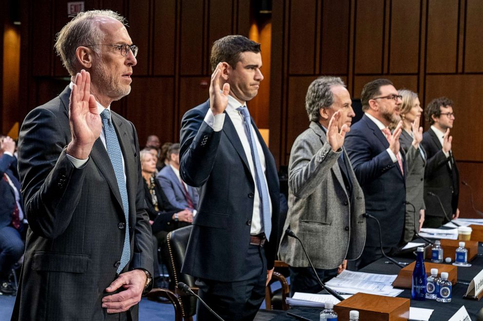 PHOTO: From left, Live Nation Entertainment, Inc. President And Chief Financial Officer Joe Berchtold and others are sworn in to testify at a Senate Judiciary Committee hearing on Capitol Hill in Washington, Jan. 24, 2023.