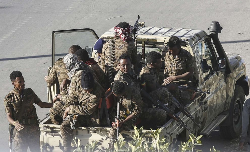 PHOTO: Members of the Ethiopian army patrol the streets of Mekelle city of the Tigray region, in northern Ethiopia on March 07, 2021 after the city was captured with in an operation against Tigray People's Liberation Front.