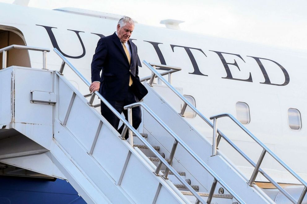 PHOTO: Secretary of State Rex Tillerson disembarks from the plane upon his arrival at the Bole International Airport in Addis Ababa, Ethiopia, March 7, 2018.