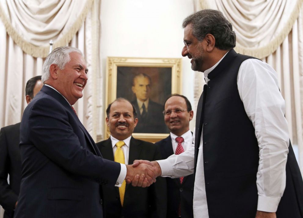 PHOTO: Secretary of State Rex Tillerson shakes hands with Pakistani Prime Minister Shahid Khan Abbasi before their meeting at the Prime Minister's residence in Islamabad, Oct. 24, 2017.