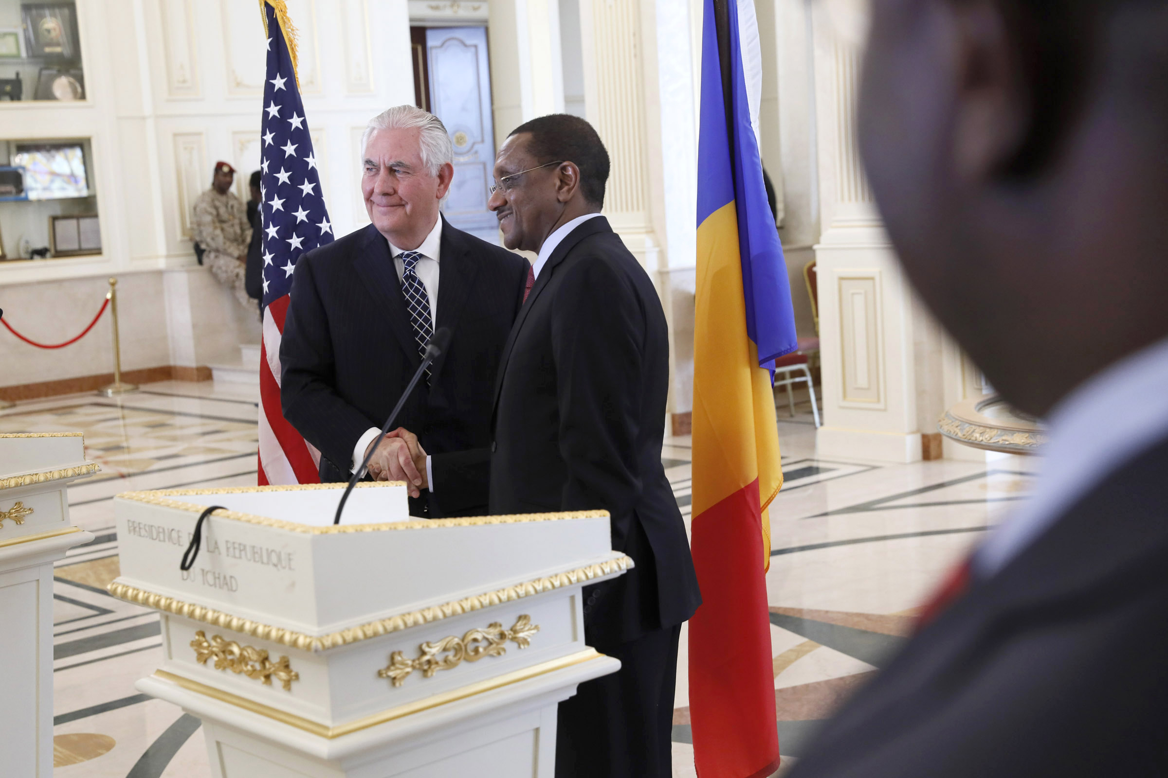 PHOTO: U.S. Secretary of State Rex Tillerson shakes hands after a news conference with Chad's Foreign Minister Mahamat Zene Cherif in N'Djamena, Chad, March 12, 2018.