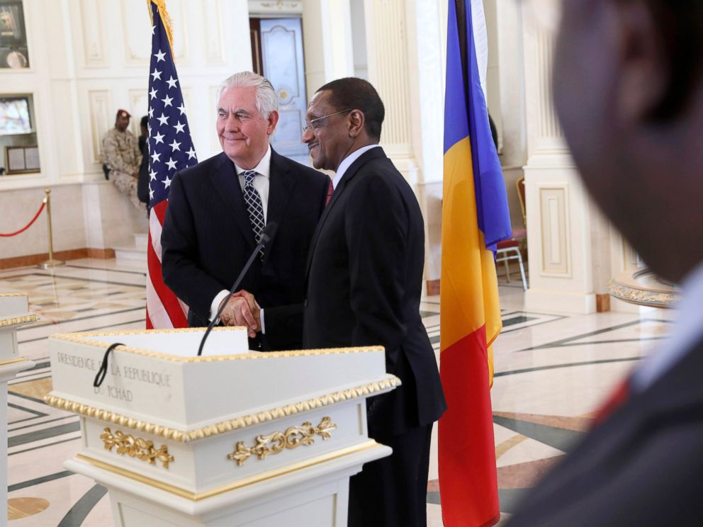 PHOTO: U.S. Secretary of State Rex Tillerson shakes hands after a news conference with Chads Foreign Minister Mahamat Zene Cherif in NDjamena, Chad, March 12, 2018.