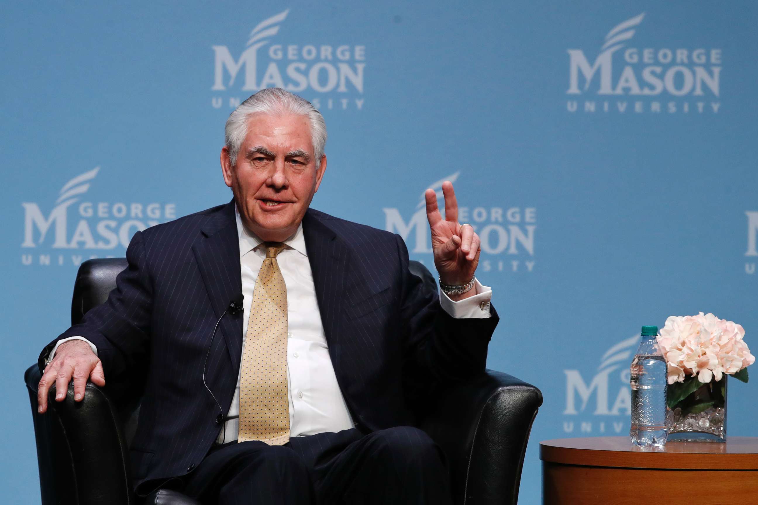 PHOTO: Secretary of State Rex Tillerson gestures answers questions about the relationship between the U.S. and African countries at George Mason University in Fairfax, Va., March 6, 2018. 
