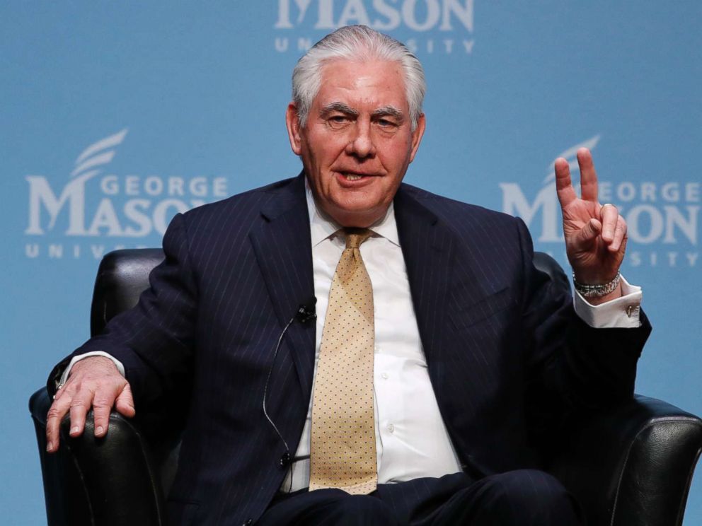 PHOTO: Secretary of State Rex Tillerson gestures answers questions about the relationship between the U.S. and African countries at George Mason University in Fairfax, Va., March 6, 2018.