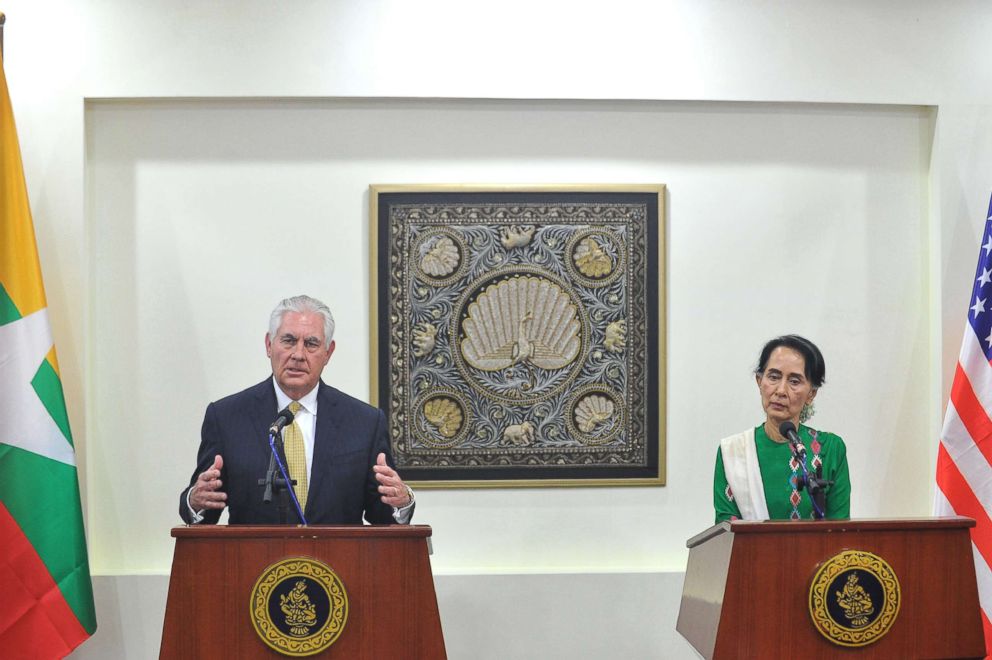 PHOTO: Secretary of State Rex Tillerson talks to the media beside Myanmar's State Counselor Aung San Suu Kyi (R) during a press conference in Naypyidaw, Myanmar, Nov.15, 2017.