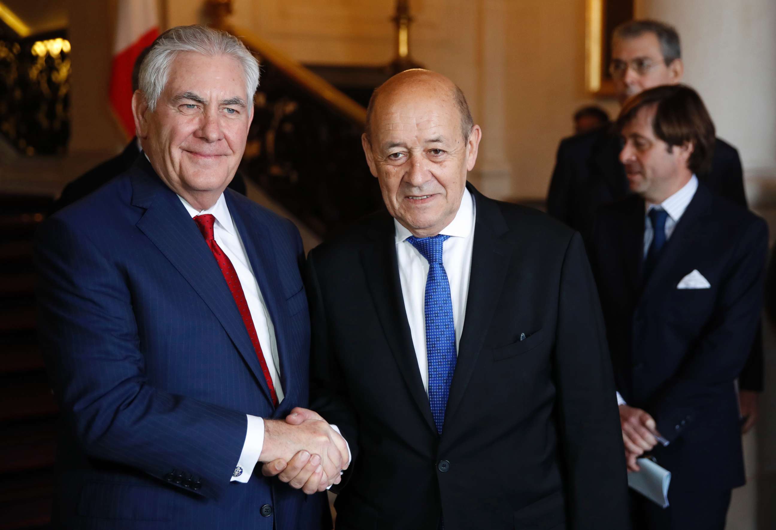 PHOTO: U.S. Secretary of State Rex Tillerson, left, shakes hands with French Foreign Affairs Minister Jean-Yves Le Drian before a meeting in Paris, Jan. 23, 2018. 