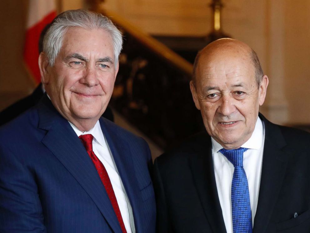 PHOTO: U.S. Secretary of State Rex Tillerson, left, shakes hands with French Foreign Affairs Minister Jean-Yves Le Drian before a meeting in Paris, Jan. 23, 2018.