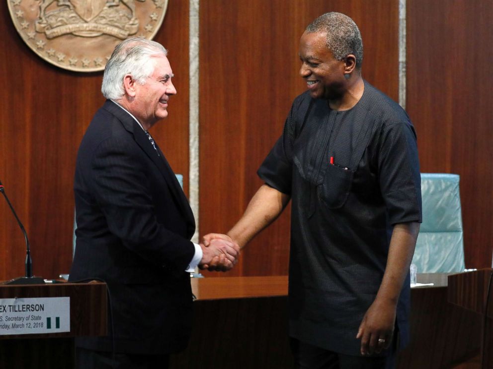 PHOTO: U.S. Secretary of State Rex Tillerson and Nigerias Foreign Minister Geoffrey Onyeama shake hands after their news conference in Abuja, Nigeria, March 12, 2018.