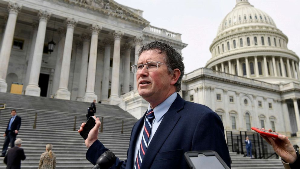 PHOTO: Rep. Thomas Massie, R-Ky., leaves Capitol Hill in Washington, March 27, 2020, after attempting to slow action on a rescue package.