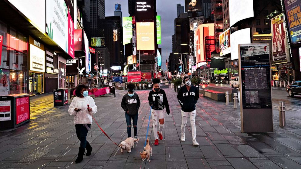PHOTO: People walk dogs in New York's Times Square, April 29, 2020, during the coronavirus pandemic.