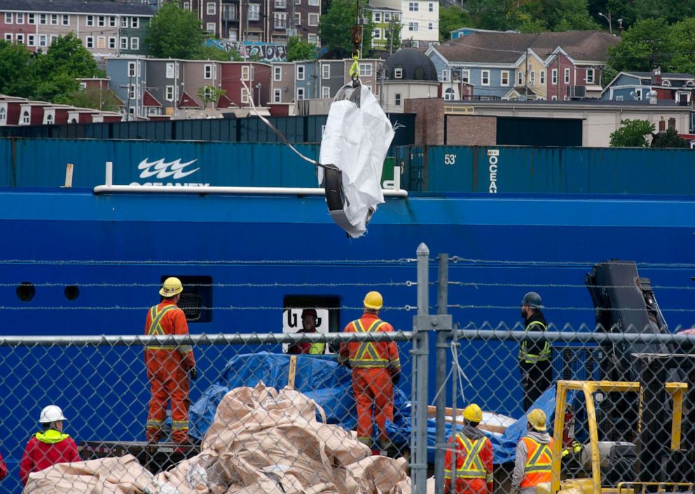 PHOTO: Debris from the Titan submersible, recovered from the ocean floor near the wreck of the Titanic, is unloaded from the ship Horizon Arctic at the Canadian Coast Guard pier in St. John's, Newfoundland, June 28, 2023.