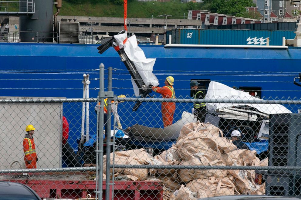 PHOTO: Debris from the Titan submersible, recovered from the ocean floor near the wreck of the Titanic, is unloaded from the ship Horizon Arctic at the Canadian Coast Guard pier in St. John's, Newfoundland, June 28, 2023.