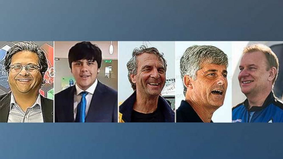 PHOTO: This photo combo shows from left, Shahzada Dawood, Suleman Dawood, Paul-Henry Nargeolet, Stockton Rush, and Hamish Harding were aboard a small submersible that went missing in the Atlantic Ocean.