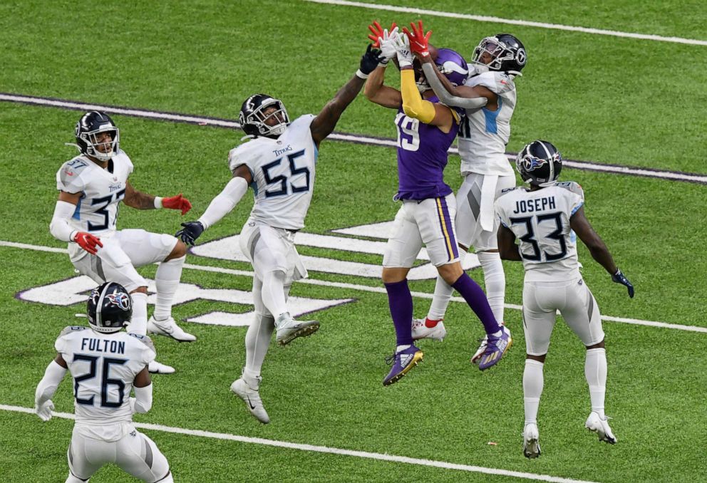 PHOTO: Adam Thielen #19 of the Minnesota Vikings is unable to make a catch against the Tennessee Titans during the fourth quarter of the game at U.S. Bank Stadium on Sept. 27, 2020, in Minneapolis, Minn.