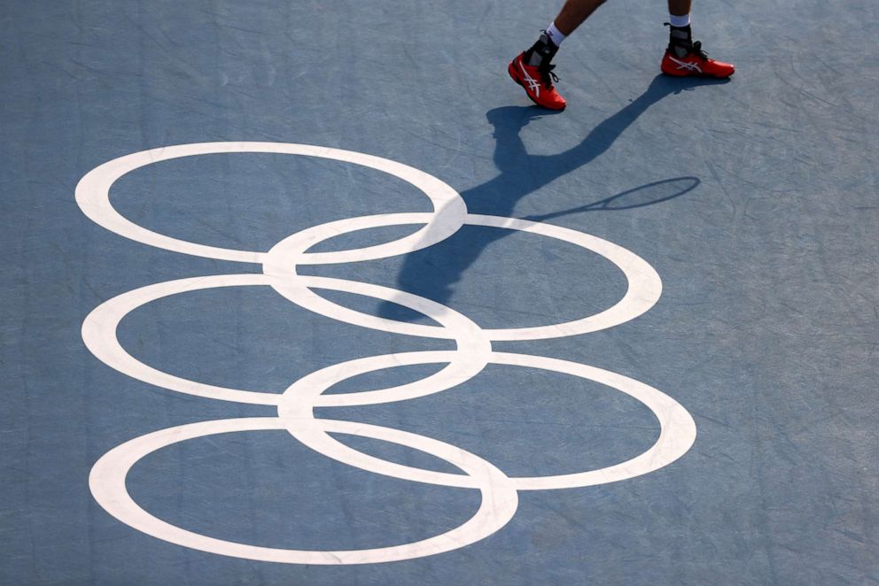 PHOTO: The olympic rings are seen in the semifinal match between Ivan Dodig of Croatia and Marin Cilic of Croatia against Marcus Daniell of New Zealand and Michael Venus of New Zealand on July 29, 2021.