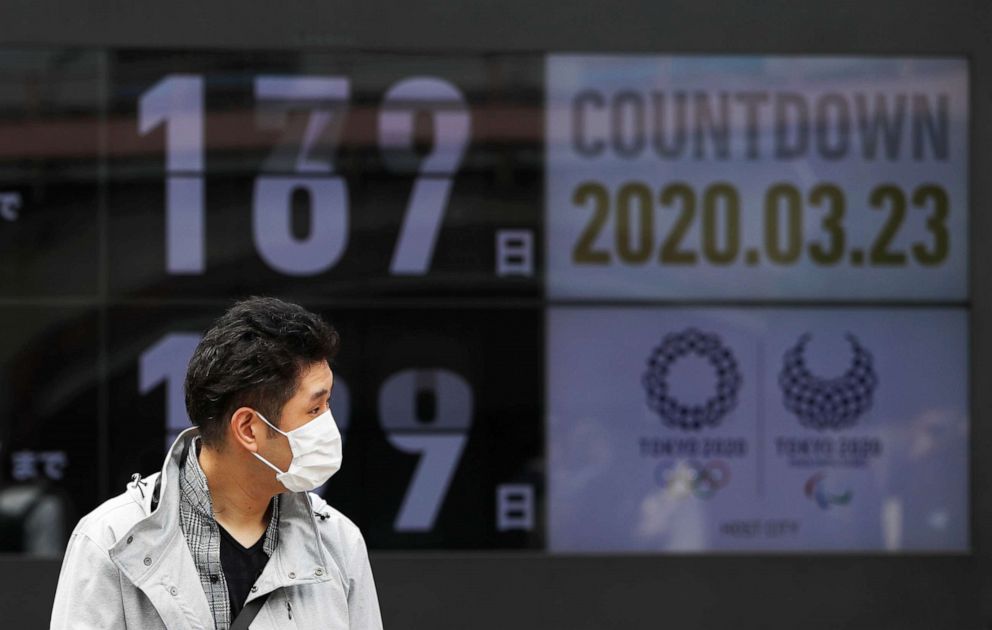 PHOTO: A passersby, wearing a face mask due to the novel coronavirus outbreak, walks past a screen counting down the days to the 2020 Summer Olympics in Tokyo, Japan, on March 23, 2020.