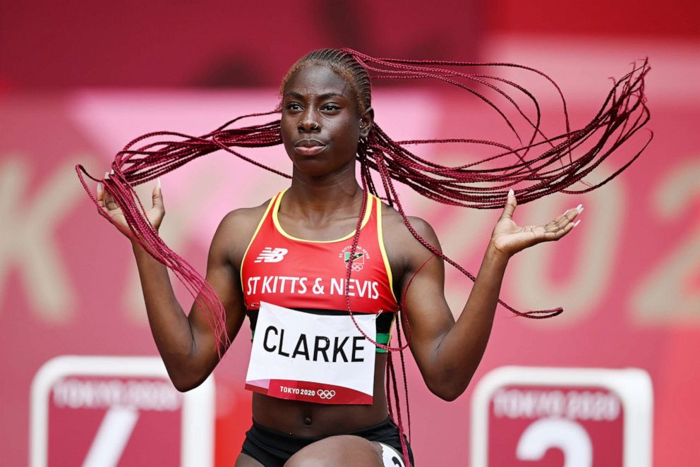 PHOTO: Amya Clarke of Team Saint Kitts and Nevis prepares to compete during round one of the Women's 100m heats on day seven of the Tokyo 2020 Olympic Games at Olympic Stadium on July 30, 2021 in Tokyo, Japan.
