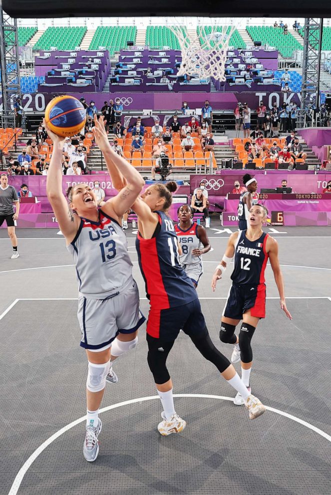 PHOTO: Stefanie Dolson of the United States drives to the basket during the Women's Pool Round match between United States and France on day one of the Tokyo 2020 Olympic Games at Aomi Urban Sports Park on July 24, 2021 in Tokyo, Japan.