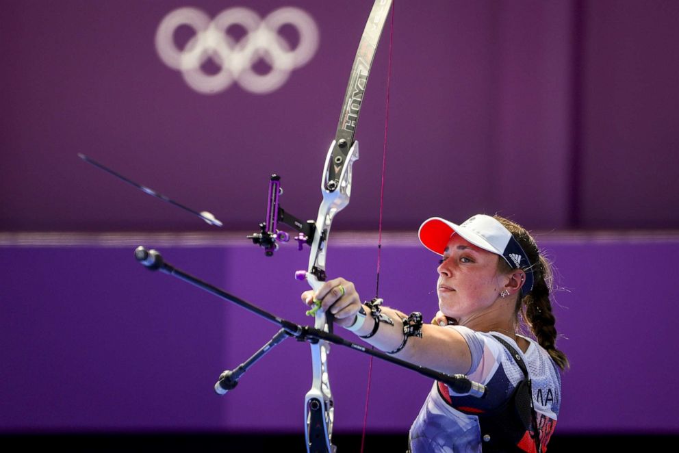 PHOTO: Bryony Pitman of Great Britain is seen in action during the Women's Team 1/8 Elimination Round between Great Britain and Italy during the Archery events of the Tokyo 2020 Olympic Games at the Yumenoshima Park in Tokyo, Japan, 25 July 2021.