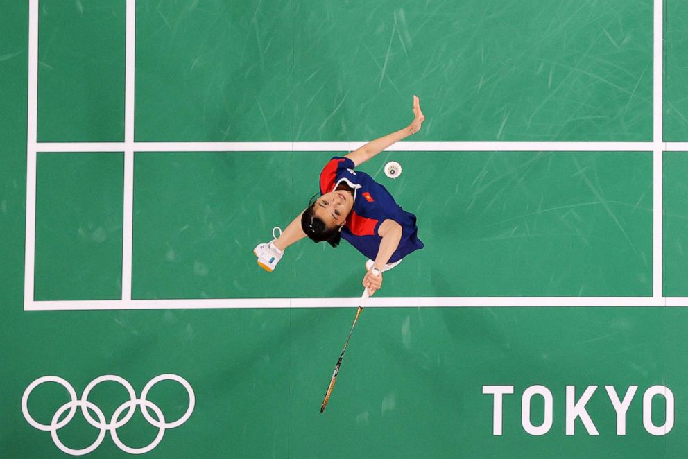 PHOTO: Nguyen Thuy Linh of Team Vietnam competes against Sabrina Jaquet of Team Switzerland during a women's singles group match on July 28, 2021 in Chofu, Tokyo, Japan.