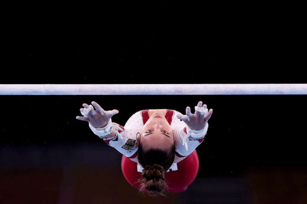 PHOTO: Pauline Schaefer-Betz of Team Germany competes on uneven bars during Women's Qualification on day two of the Tokyo 2020 Olympic Games at Ariake Gymnastics Centre on July 25, 2021 in Tokyo, Japan.