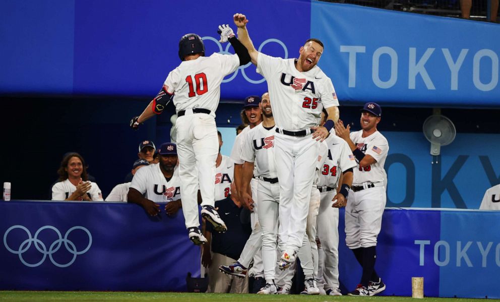 PHOTO: Nick Allen of the United States celebrates a home run with teammates on July 31, 2021 in Tokyo, Japan.