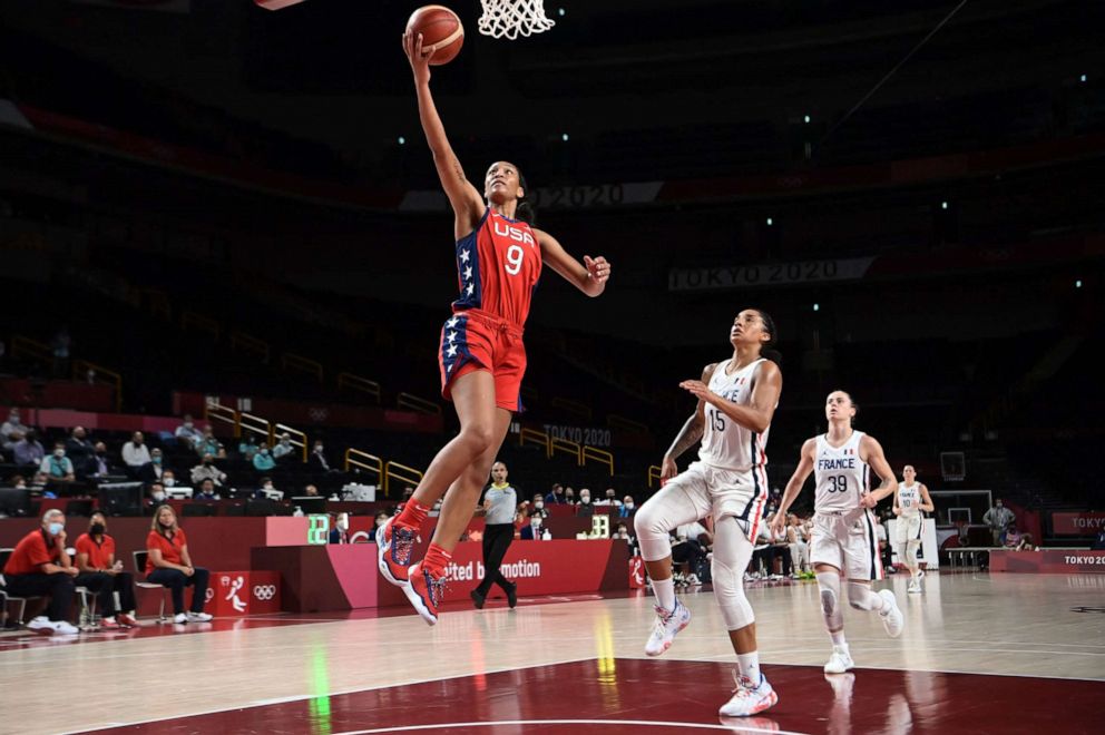 PHOTO: USA's A'ja Wilson goes to the basket in the women's preliminary round group B basketball match between France and USA during the Tokyo 2020 Olympic Games at the Saitama Super Arena in Saitama on Aug. 2, 2021.