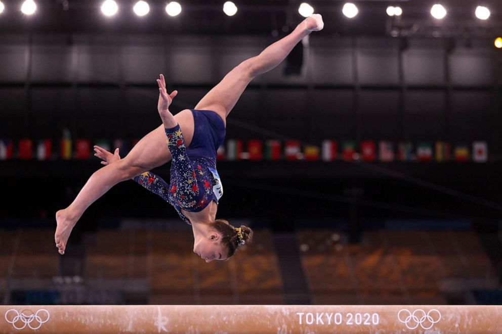 PHOTO: Grace McCallum of the United States competes on the balance beam during Women's Qualification on day two of the Tokyo 2020 Olympic Games at Ariake Gymnastics Centre on July 25, 2021 in Tokyo, Japan.