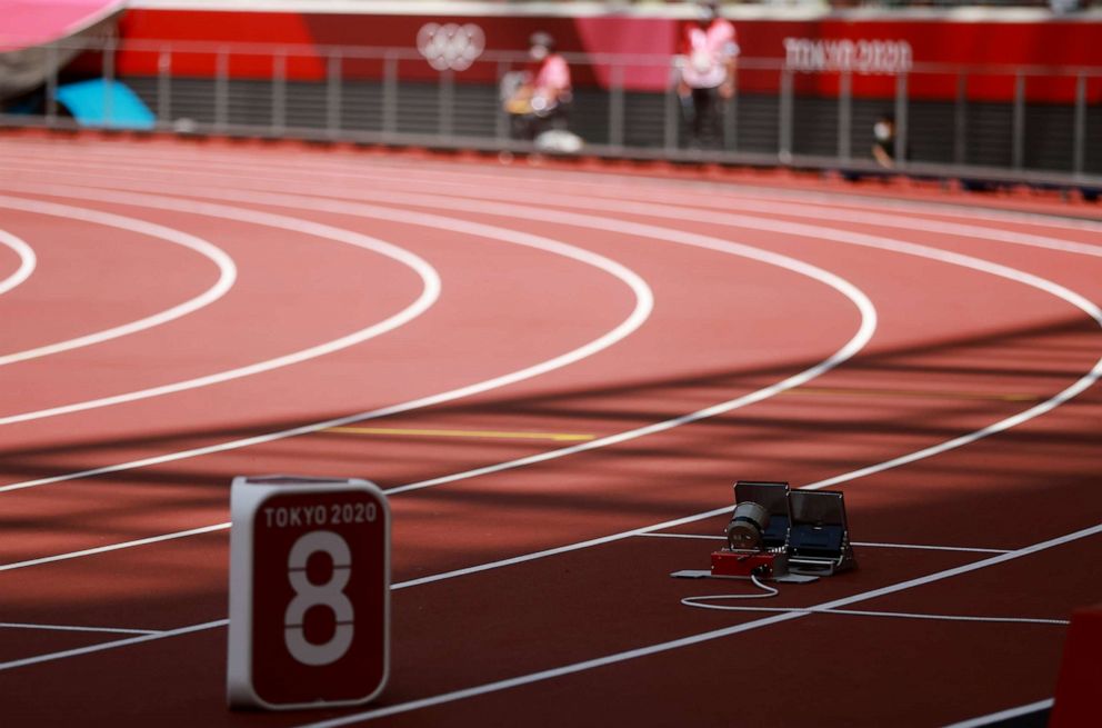 PHOTO: The starting blocks in an empty lane 8 of Heat 5 are seen where Krystsina Tsimanouskaya of Belarus was due to compete on Aug. 2, 2021, in Tokyo.