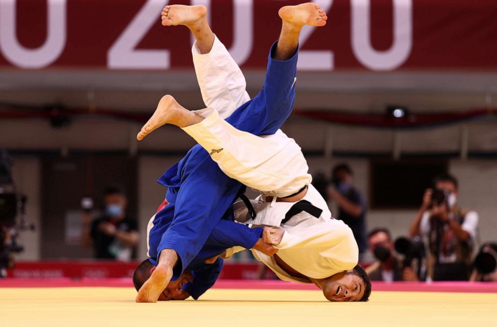 PHOTO: Lukhumi Chkhvimiani of Georgia is seen in action against Naohisa Takato of Japan on july 24, 2021 in the quarterfinals of Judo.