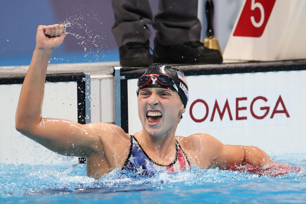 PHOTO: Katie Ledecky of Team United States celebrates after winning the gold medal in the Women's 1500m Freestyle Final on day five of the Tokyo 2020 Olympic Games at Tokyo Aquatics Centre on July 28, 2021 in Tokyo, Japan.