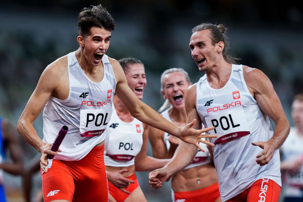 PHOTO: Poland celebrates after winning the 4 x 400-meter mixed relay final at the 2020 Summer Olympics, Saturday, July 31, 2021, in Tokyo.