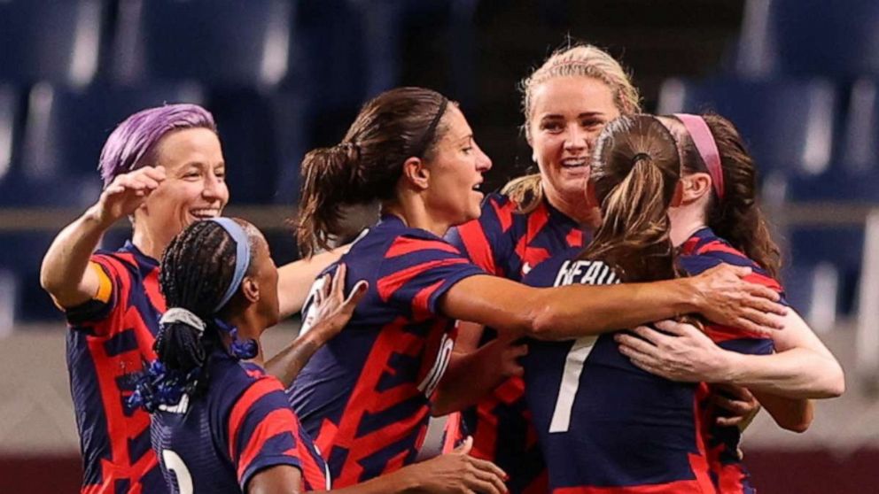 PHOTO: Rose Lavelle of the United States celebrates scoring their first goal with teammates on July, 24, 2021 in Saitama, Japan.