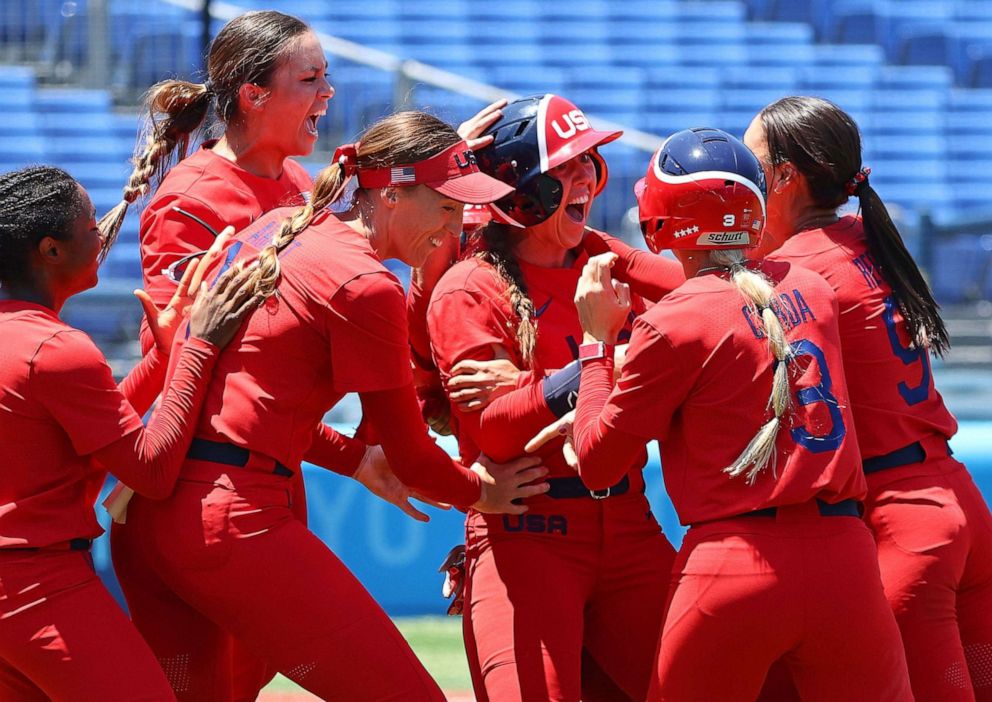 PHOTO: The United States softball team celebrates after winning their fourth game on July, 25, 2021 in Yokohama, Japan.