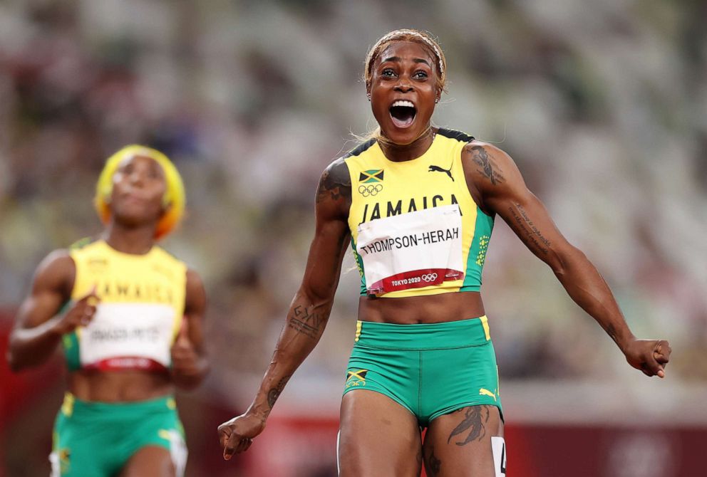 PHOTO: Elaine Thompson-Herah of Team Jamaica celebrates after winning the gold medal in the Women's 100m Final on day eight of the Tokyo 2020 Olympic Games at Olympic Stadium on July 31, 2021 in Tokyo, Japan.