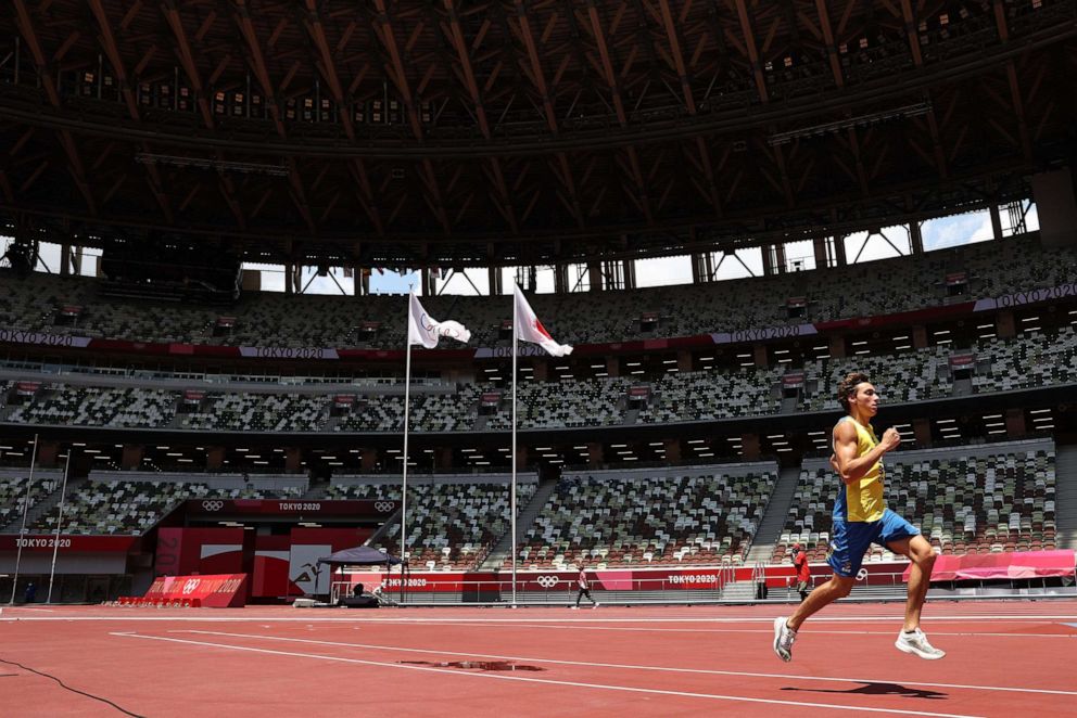 PHOTO: Pole vault world record holder Armand Duplantis of Sweden gets the feel of the track ahead of competition in athletics at the National Stadium  ahead of competition at the Tokyo Olympic Games on July 29, 2021 in Tokyo, Japan.