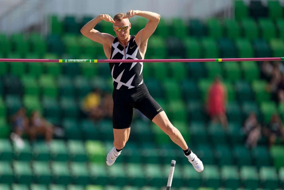 PHOTO: In this June 21, 2021, file photo, Sam Kendricks competes during the finals of the men's pole vault at the U.S. Olympic Track and Field Trials in Eugene, Ore.
