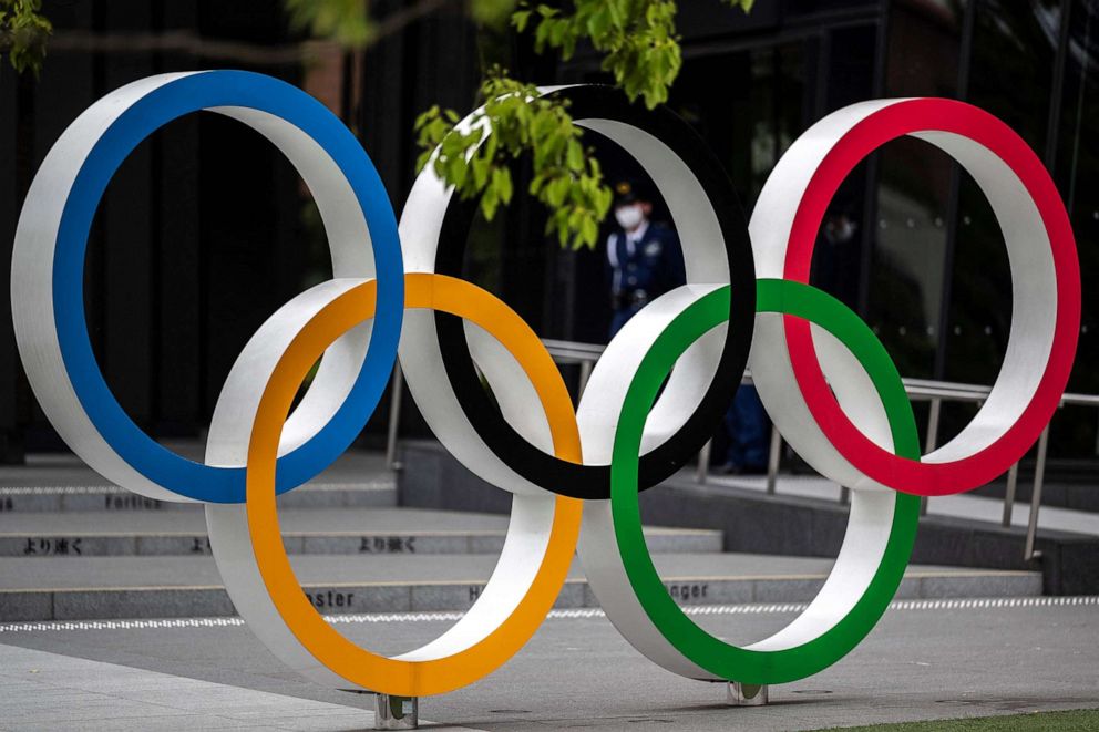 PHOTO: The Olympic Rings are pictured near the National Stadium in Tokyo, April 28, 2021.