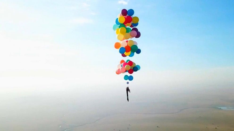 PHOTO: Tom Morgan, 38, who flew for more than 15 miles strapped to helium balloons, is part of an adventure group called The Adventurists.