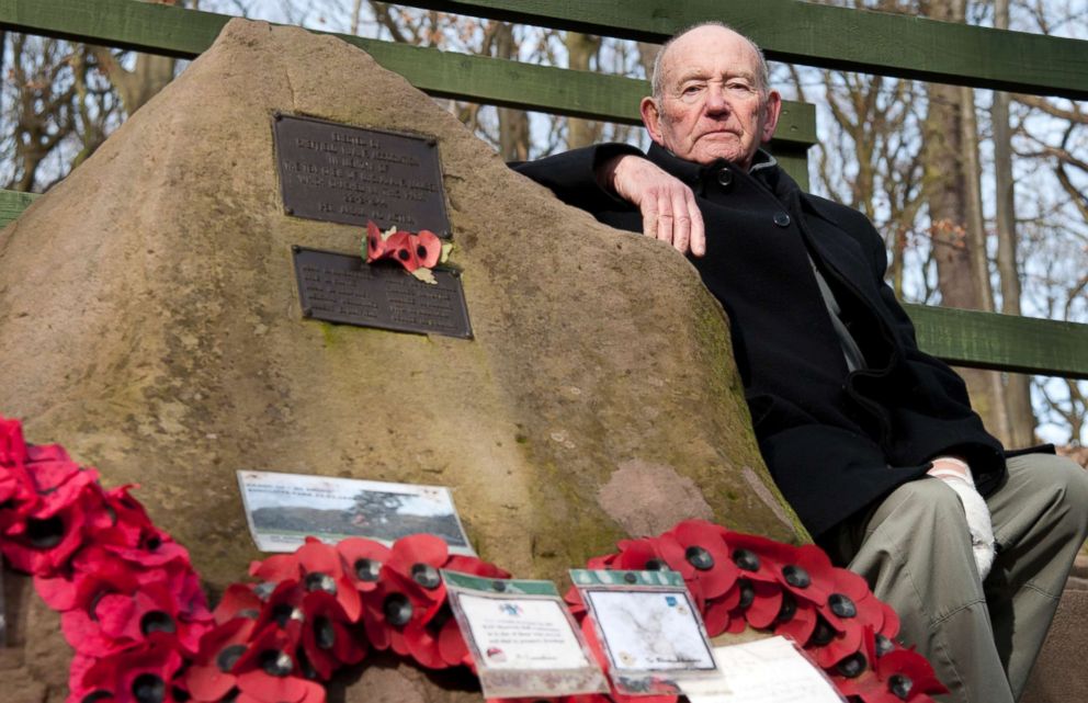 PHOTO: Tony Foulds sits next to a memorial honoring 10 U.S. airmen who died in a plane crash in 1944, in Endcliffe Park, Sheffield, England, Feb. 13, 2019.