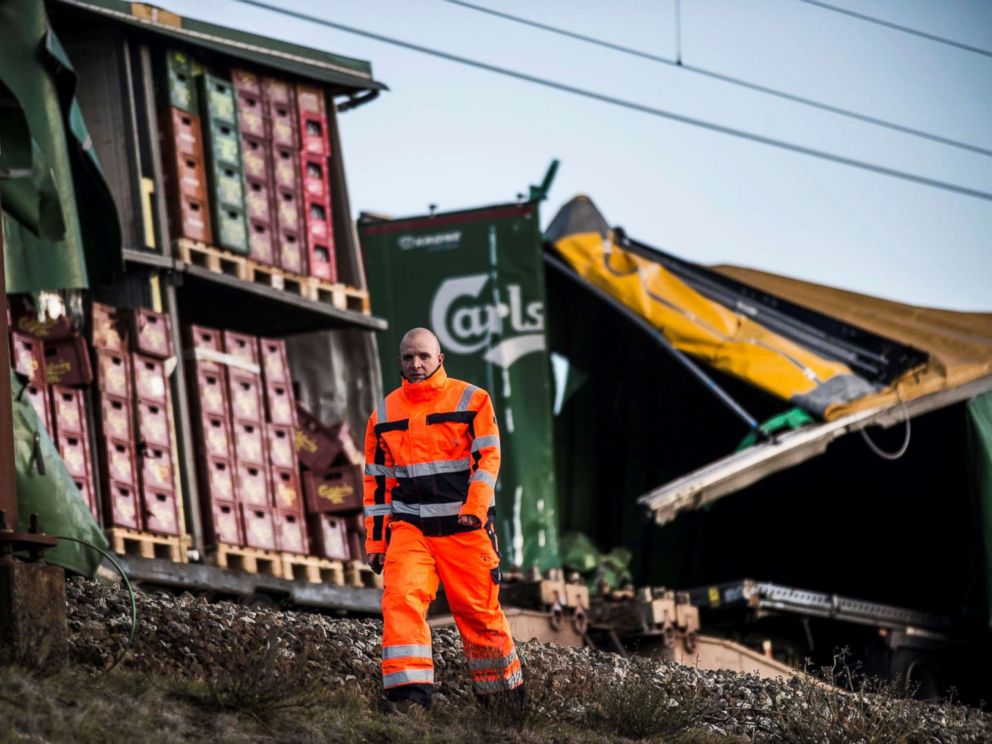 PHOTO: A view of a train accident site on the Great Belt Bridge in Denmark, Jan. 2, 2019.