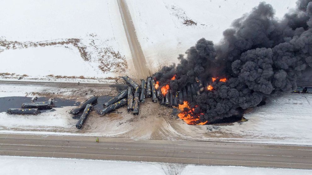 PHOTO: Smoke rises from a fire at the site of a CP Rail train car derailment near Guernsey, Saskatchewan, Canada Feb. 6, 2020.