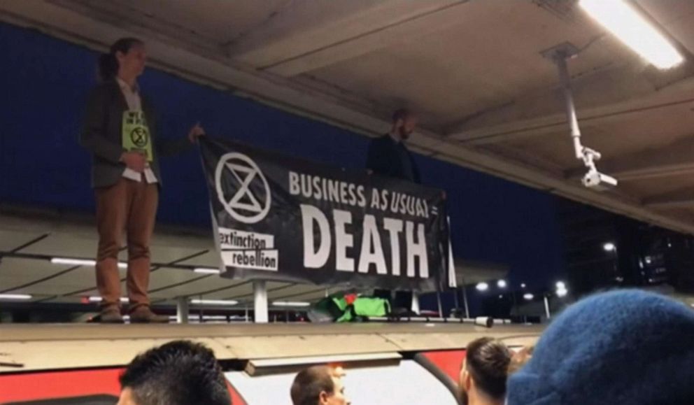 PHOTO: Extinction Rebellion protesters caused disruption at London's Canning Town tube station, Oct. 17, 2019.