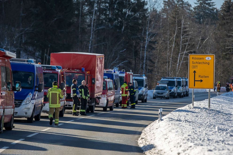 PHOTO: Emergency vehicles are parked in the Raiten district, in Bavaria, Schleching, Jan. 16, 2019.