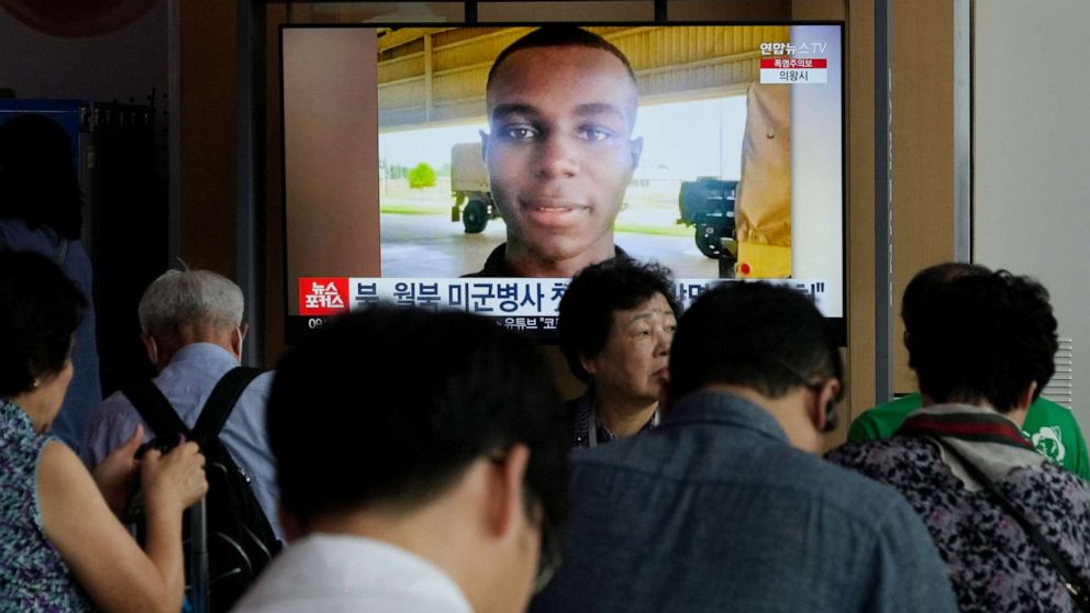 PHOTO: A TV screen shows a file image of American soldier Travis King during a news program at the Seoul Railway Station in Seoul, South Korea, Aug. 16, 2023.