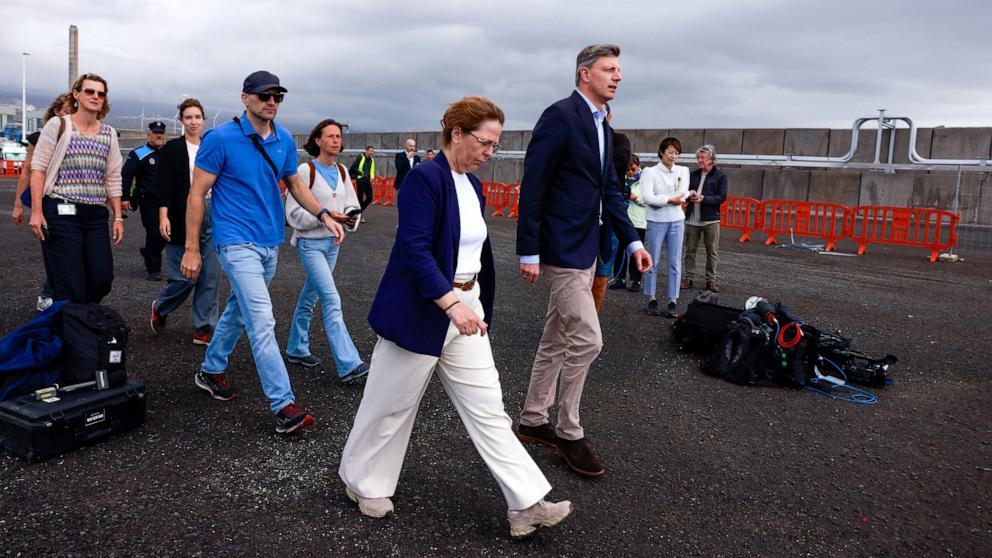 PHOTO: Members of the Netherlands' consulate visit the port of Granadilla de Abona, Tenerife, Canary Islands, Spain, where the cruise ship MV Hondius hit by a deadly hantavirus outbreak is expected to arrive, May 9, 2026. 