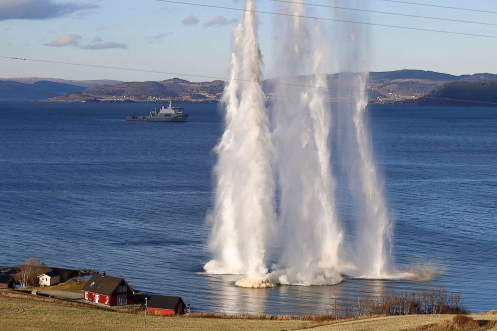 PHOTO: Explosions throw water into the air during the NATO-led military exercise Trident Juncture in Trondheim, Norway, Oct. 30, 2018.